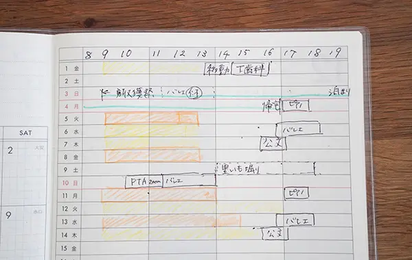 ホリゾンタル式に記入したスケジュール